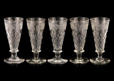 Lot 189 - A SET OF FIVE ENGRAVED GLASS GOBLETS, late...