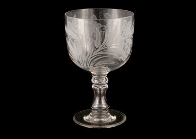 Lot 183 - A MASSIVE ENGRAVED GLASS ALE GOBLET, 19th...