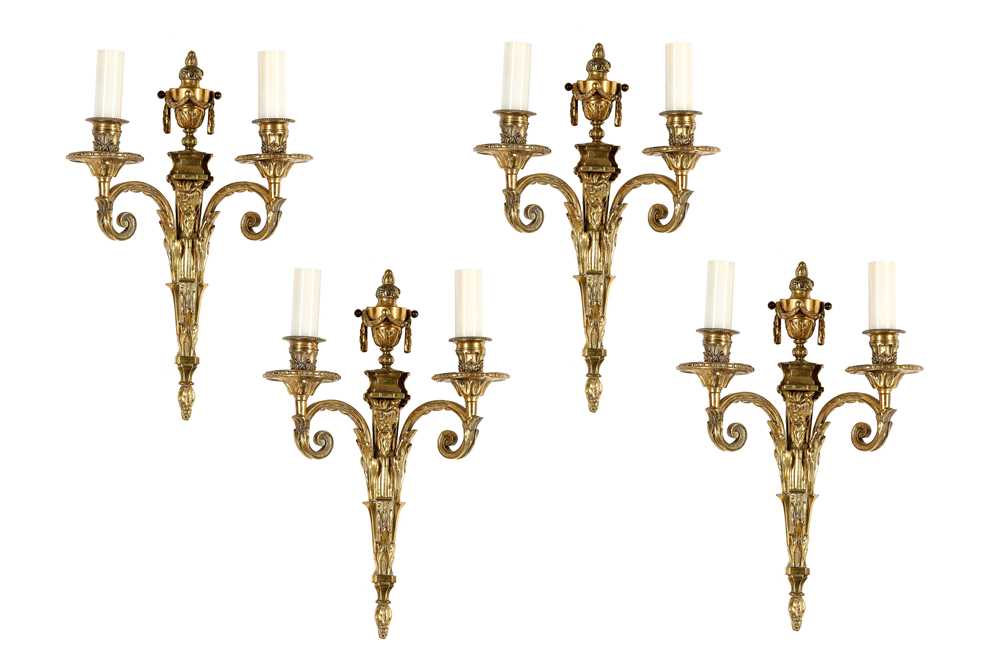 Lot 111 - A SET OF FOUR LOUIS XVI STYLE BRONZE WALL...