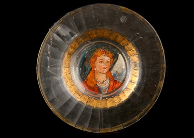 Lot 161 - AN UNUSUAL REVERSE-PAINTED GLASS TAZZA, late...