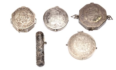 Lot 75 - FIVE PERSIAN QAJAR SILVER QURAN BOXES, Iran....