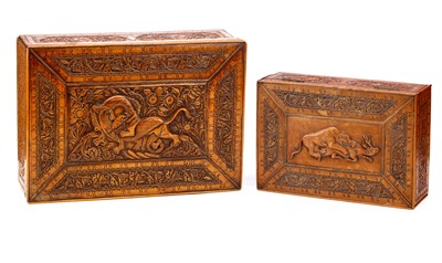 Lot 78 - TWO PERSIAN QAJAR CARVED FRUITWOOD BOXES,...