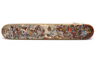 Lot 82 - A VERY FINE PERSIAN QAJAR LACQUERED QALAMDAN...