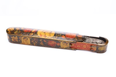 Lot 83 - A VERY FINE PERSIAN QAJAR LACQUERED QALAMDAN...