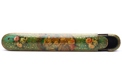 Lot 85 - A FINE PERSIAN QAJAR LACQUERED QALAMDAN (PEN...