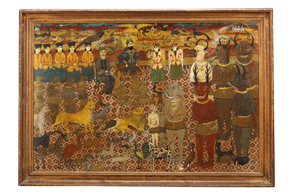 Lot 91 - A LARGE FRAMED PERSIAN QAJAR PAINTING ON BOARD,...