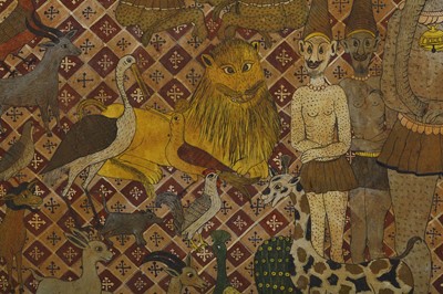 Lot 91 - A LARGE FRAMED PERSIAN QAJAR PAINTING ON BOARD,...