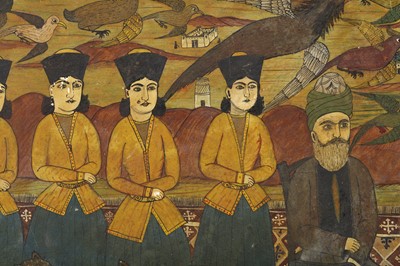 Lot 91 - A LARGE FRAMED PERSIAN QAJAR PAINTING ON BOARD,...