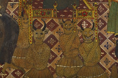 Lot 91 - A LARGE FRAMED PERSIAN QAJAR PAINTING ON BOARD,...