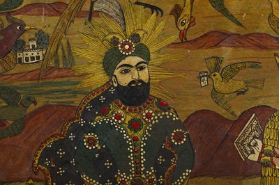 Lot 91 - A LARGE FRAMED PERSIAN QAJAR PAINTING ON BOARD,...