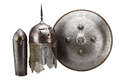 Lot 108 - A COMPLETE THREE PIECE PERSIAN QAJAR ARMOUR...