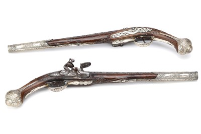 Lot 123 - A PAIR OF OTTOMAN SILVER PLATED FLINTLOCK...