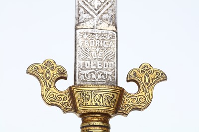 Lot 142 - A SPANISH TOLEDO DAGGER, with gold inlaid...