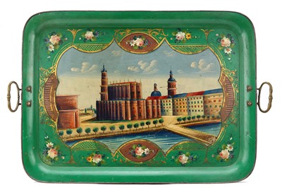 Lot 187 - A LARGE OTTOMAN PAINTED METAL TRAY, decorated...