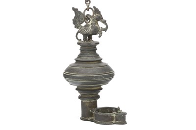 Lot 215 - A SOUTH INDIAN DECCANI, BRONZE HANGING OIL...