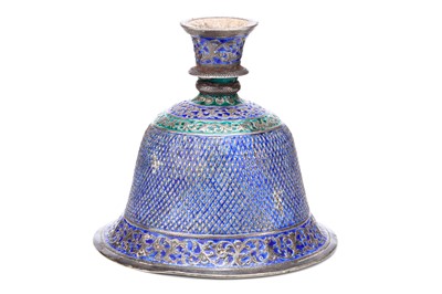 Lot 253 - A NORTH INDIAN ENAMELLED SILVER HUQQA BASE. ...