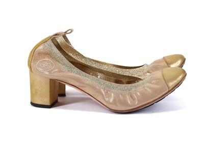 Lot 615 - Chanel gold stretch block heels shoes, size 37....