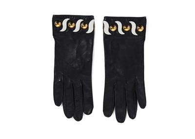 Lot 409 - Hermes navy leather gloves, with white leather...