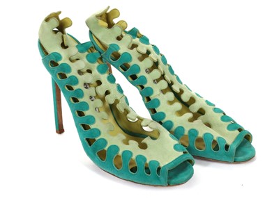 Lot 403 - Manolo Blahnik turquoise suede heels, 12.5cm...