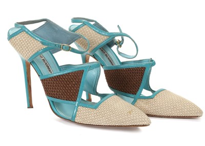 Lot 404 - Manolo Blahnik turquoise and raffia heels,...
