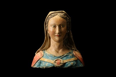 Lot 27 - A POLYCHROME CARVED STONE BUST OF THE VIRGIN...