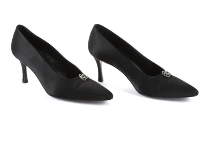 Lot 476 - Chanel black satin court shoes, with camellia...