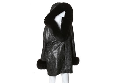 Lot 512 - Black fox and printed leather hooded coat,...