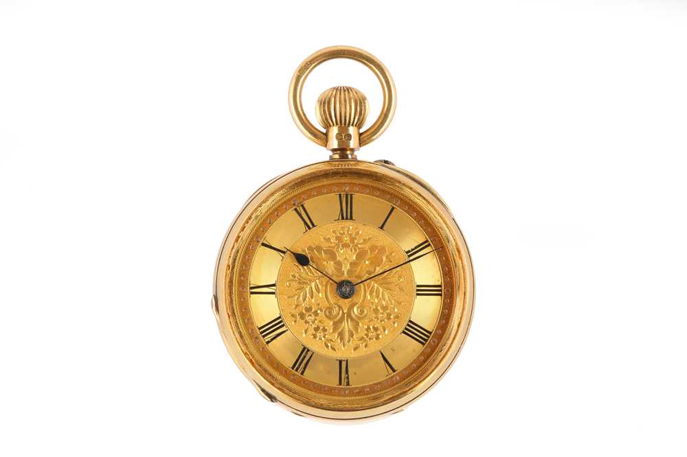 Lot 18 - AN 18K YELLOW GOLD OPEN FACED FOB WATCH. Date:...