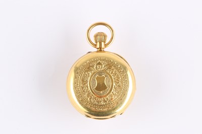Lot 18 - AN 18K YELLOW GOLD OPEN FACED FOB WATCH. Date:...