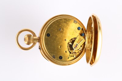 Lot 18 - AN 18K YELLOW GOLD OPEN FACED FOB WATCH. Date:...