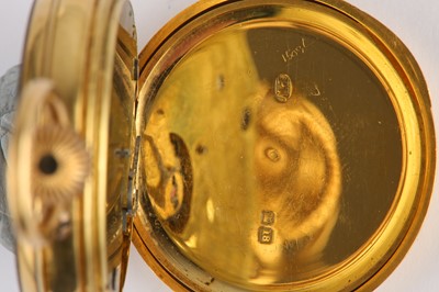 Lot 18 - AN 18K YELLOW GOLD OPEN FACED FOB WATCH. Date:...