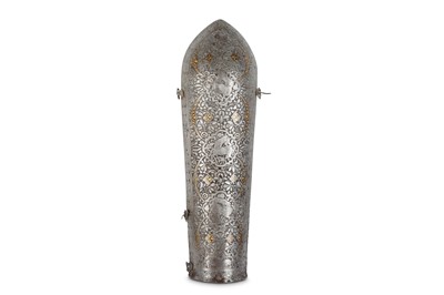 Lot 179 - A LATE QAJAR GOLD-DAMASCENED ARMGUARD...