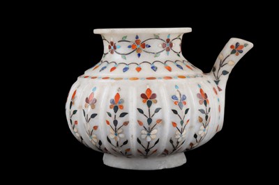 Lot 218 - A POLYCHROME PIETRA DURA-INLAID ALABASTER JUG...