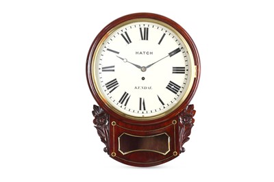Lot 197 - A MAHOGANY AND BRASS INLAID DROP DIAL FUSEE WALL CLOCK, MID/LATE 19TH CENTURY