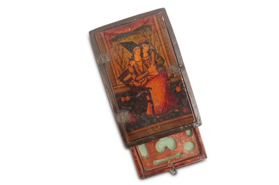 Lot 196 - A QAJAR LACQUER PAPIER MÂCHÉ MIRROR CASE WITH...