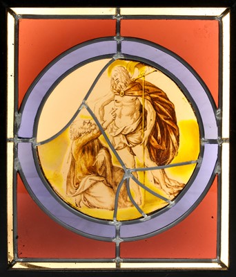 Lot 15 - A 17TH CENTURY STAINED AND LEADED GLASS PANEL...