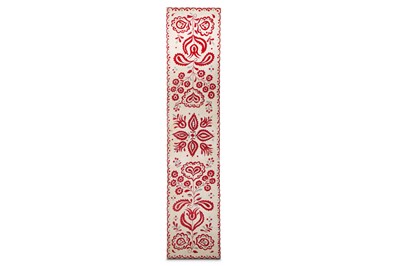 Lot 108 - AN EMBROIDERED RUNNER OF OFF-WHITE LINEN...