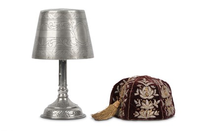 Lot 116 - AN OTTOMAN SILVER FEZ STAND AND SIX-SIDED CAP...