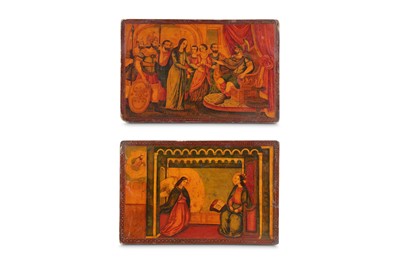 Lot 201 - TWO QAJAR LACQUERED PAPIER-MÂCHÉ BOOK COVERS...