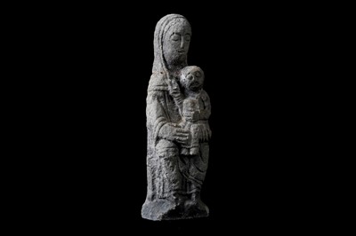 Lot 15 - A CARVED STONE FIGURE OF THE MADONNA AND CHILD,...