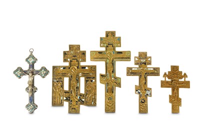 Lot 125 - FOUR RUSSIAN BRASS AND ENAMELLED ORTHODOX...