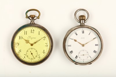 Lot 295 - Longines & Omega. Two silver open face pocket...