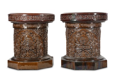 Lot 102 - A PAIR OF ALHAMBRA-STYLE BROWN-GLAZED POTTERY...