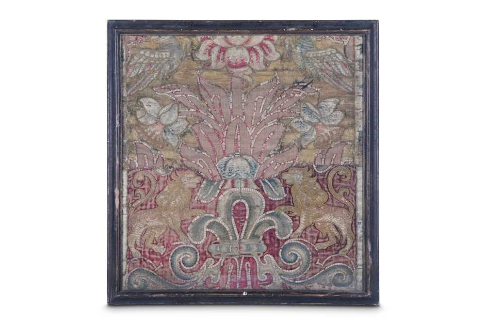 Lot 122 - A 17TH CENTURY RED VELVET AND COLOURED SILK...