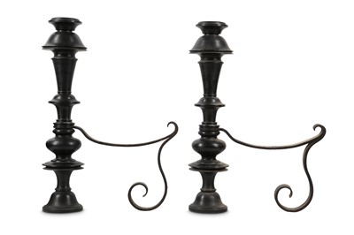Lot 80 - A PAIR OF BRONZE AND WROUGHT IRON JACOBEAN...