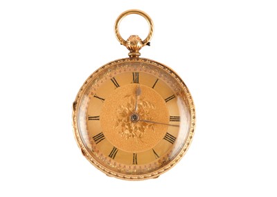 Lot 428 - TAYLOR. AN 18K GOLD OPEN FACED FOB WATCH. Case...