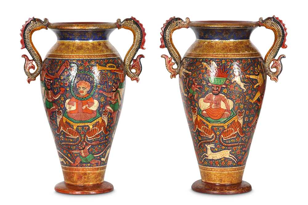 Lot 186 - A PAIR OF KASHMIRI WOODEN VASES Kashmir, North...