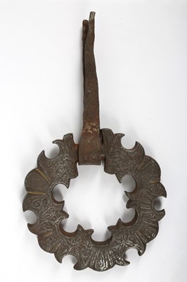Lot 60 - A RARE BRASS-INLAID IRON MAMLUK DOOR KNOCKER...
