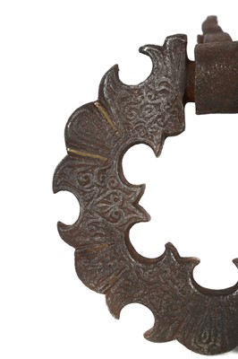 Lot 60 - A RARE BRASS-INLAID IRON MAMLUK DOOR KNOCKER...