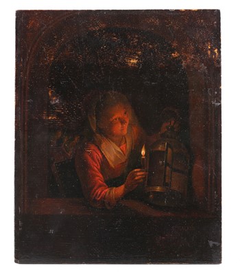 Lot 32 - AFTER GERRIT DOU Woman lighting a lantern in a...